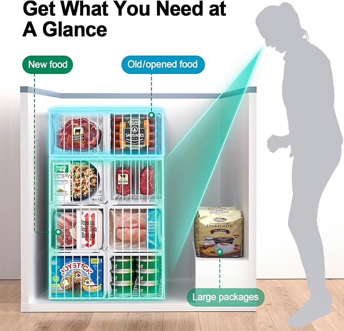 Freezer Organizer Bins, 4 Pack Big Baskets for 5/ 7 Cu.FT Deep Freezer | Stackable Chest Freezer Organizer Bins, Foldable Baskets with Handles, White Storage Container Baskets for Sort Frozen Meats - Image 5