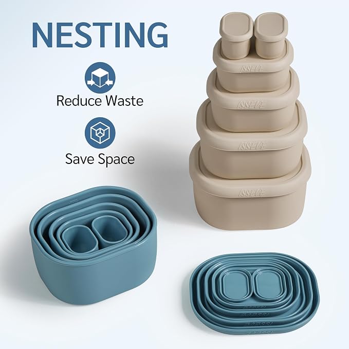 ISSEVE 12Pcs/Set Nesting Silicone Food Storage Containers with Lids | BPA-free, Reusable, Meal Prep Containers, Small Freezer Portions, Dishwasher Cleaning, Nested Cabinet Storage, 5 Sizes, Beige - Image 2