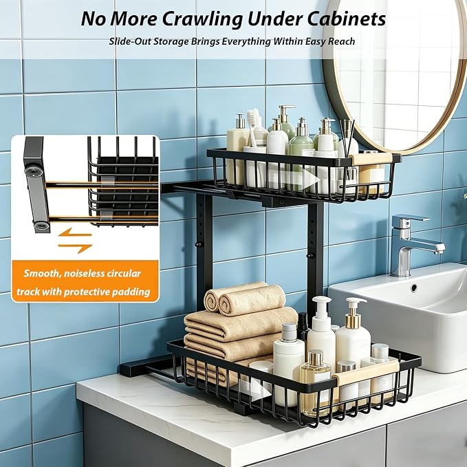 2 Pack Under Sink Organizer, 2-Tier Pull Out Kitchen Cabinet Organizer, Height Adjustable Metal Slide Out Bathroom Organizers and Storage Makeup Drawer Organizer for Office Bedroom (B-Black, 2Pack) - Image 4