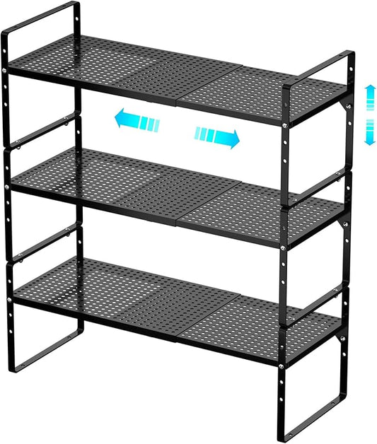 Redrubbit Expandable Cabinet Storage Shelf, Adjustable Height Steel Metal Kitchen Counter Organizers Shelves Spice Rack for Kitchen Pantry Bathroom Cupboard Desk Home Office, Black-3 Pack by Redrubbit