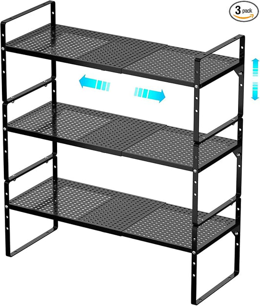 Redrubbit Large Expandable Cabinet Storage Shelf, Adjustable Height Steel Metal Kitchen Counter Organizers Shelves Spice Rack for Kitchen Pantry Bathroom Cupboard Desk Home Office, Black-3 Pack by Redrubbit