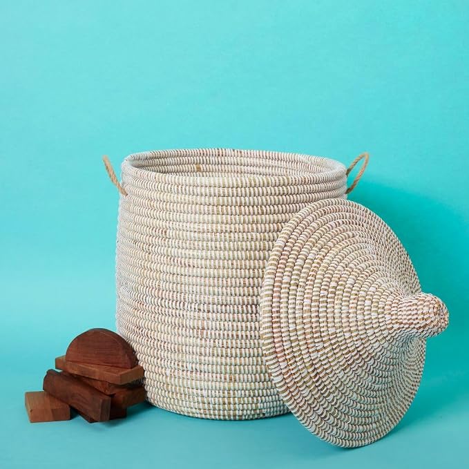 White Basket with Lid for Small Storage, 12" Wide, 14" Tall by Senegalo