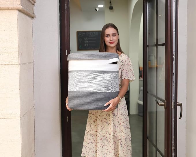 16" x 16" x 18" Extra Large Storage Basket with Lid, Cotton Rope Storage Baskets, Laundry Hamper, Cloth Bin, for Clothes Towels Blankets Pillows Storage in Living Room, White/Grey Mix/Dark Grey - Image 4