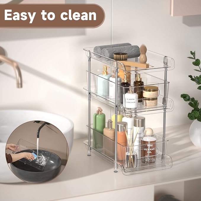2Set 3 Tier Clear Bathroom Organizer with Dividers, Pull-Out Pantry Organization and Storage, Multi-Purpose Under Sink Organizers and Storage, Vanity Skincare Cosmetic Closet Organizer Medicine Bins - Image 7