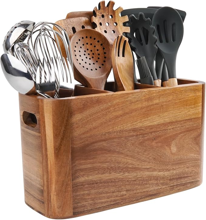Large Acacia Wood Utensil Holder with 3 Compartments for Kitchen Counter, Extra Large Farmhouse Wooden Utensil Organizer for Cooking Tools and Silverware by Unknown
