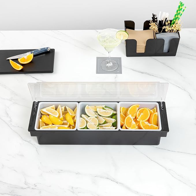 Restaurantware Bar Lux 19.6 x 6.3 x 3.7 Inch Condiment Caddy 1 Durable Bar Caddy - 3 Removable Compartments Built-In Lid Black Plastic Condiment Holder For Restaurant Store Cocktail Garnish - Image 9