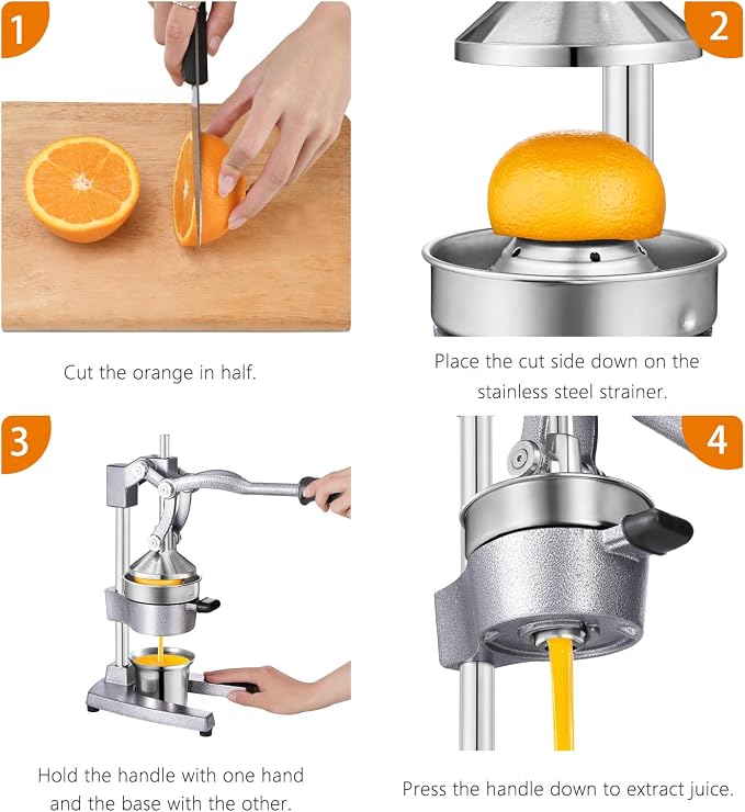 TONGCHANT Cast Iron Manual Juicer for Orange Lemon Lime Pomegranate &Citrus | Heavy Duty Orange Juicer Squeezer, Hand Press Juicer, Citrus Press, Stainless Steel Cup, Easy to Clean, Silver - Image 6