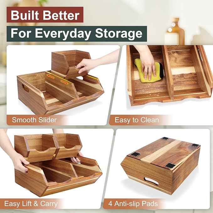 Acacia Wood Pantry Storage Bins, Stackable 3-piece set | Moisture-resistant hardwood with ventilated open front. Stores potatoes, onions, vegetables, and fruits on countertop - Image 7