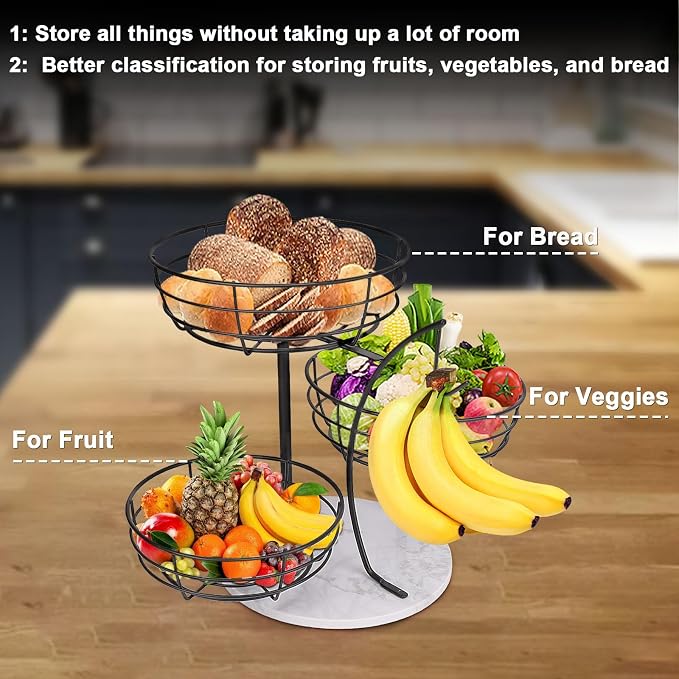 Livabber Fruit Basket Bowl with Banana Hanger, Metal Fruit Vegetable Storage Basket with Banana Holder for Kitchen Counter, Detachable Organizer for Bread Snack Produce (Black, 3-Tier Marble Base) - Image 4