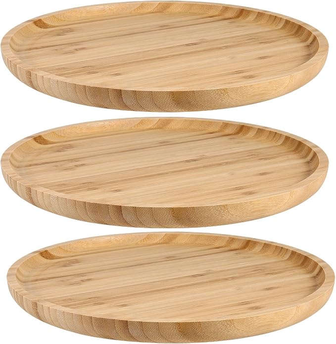 JOIKIT 3 Pack 8 Inch Bamboo Round Platter, Fine Polished Round Wood Plates Bamboo Serving Tray for Holding Fruit, Bread, Cheese, Nut, Coffee, Tea, Plant Saucer by JOIKIT