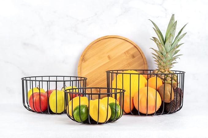 Fruit Basket for Kitchen Counter Set of 3 - Large Stackable Baskets with Bamboo Lid - Fruit Bowl, Perfect Holder For Fruits and Vegetable Storage -Keep Your Countertop Classy, Tidy and Slightly Fruity - Image 8