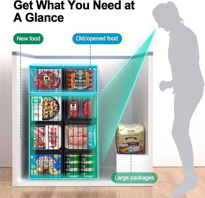 Freezer Organizer Bins, 4 Pack Big Baskets for 5/ 7 Cu.FT Deep Freezer | Stackable Chest Freezer Organizer Bins, Foldable Baskets with Handles, Black Storage Container Baskets for Sort Frozen Meats - Image 5