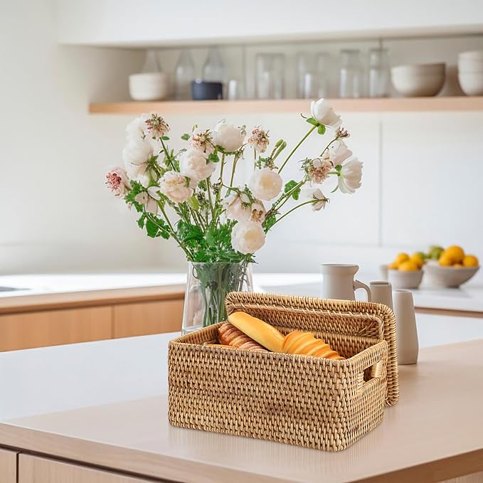 Hipiwe Rattan Basket with Lid Rectangular Lidded Wicker Storage Basket Bin | Natural Hand-Woven Basket Boxes for Shelf Organizing Picnic Food Bread Table Storage Basket, 12"x7.9"x 5.9" - Image 4