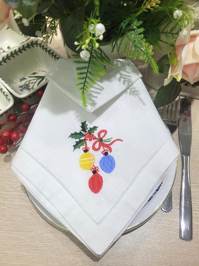 – Embroidered Cloth Napkin Balloons & Holly Christmas Cotton Napkins Set of 6, 20 x 20”, Hemstitch Table Napkins, Machine Washable, Daily & Holidays, Great Gift Ideas - Image 2
