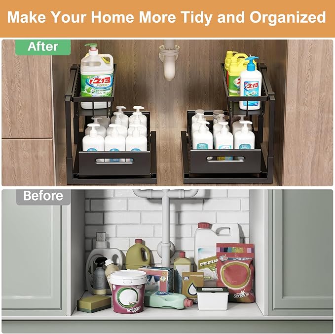 2 Pack Under Sink Organizer, Height Adjustable Pull Out Cabinet Shelf, Heavy Duty Metal Sliding Drawer, Rust-Resistant Storage for Kitchen Bathroom Pantry, Fits Tall Bottles & Plumbing P-Traps - Image 5