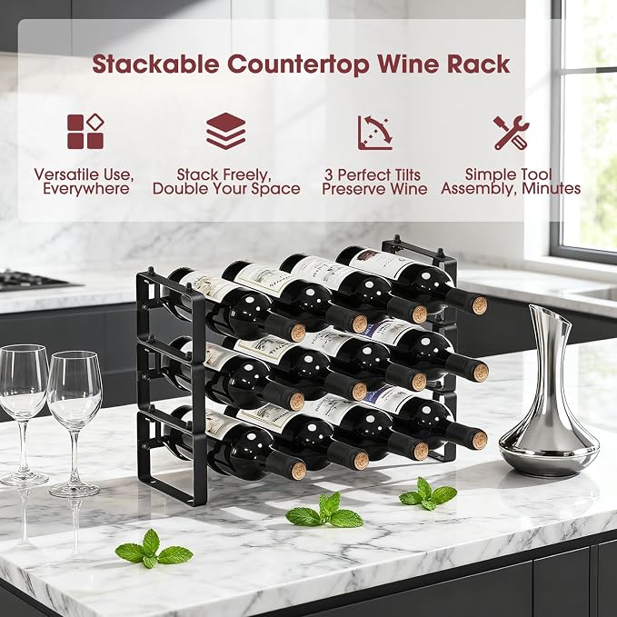 Stackable Countertop Wine Rack, 12 Wine Bottles Holder for Inside Cabinet | ICOHOT Small Tabletop Wine Holder Stand for Pantry Bar, 3-Tier Angle Adjustable Wine Bottle Rack for Tight Spaces - Image 2