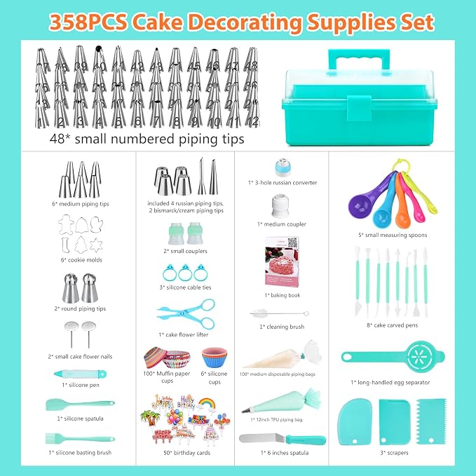 Cake Decorating Supplies Tools Kit: 358 pcs Baking Accessories with Storage Case - Piping Bags and Icing Tips Set - Puffs Christmas Cookie Cutters Cupcake Set for Beginners or Professional, Mint Green - Image 2