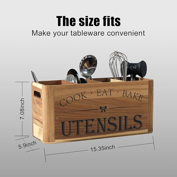 Utensil Holder for Kitchen Countertop - Extra Large 4 Compartment Wooden Organizer in Acacia Wood, Storage for Cooking Tools and Cutlery, Farmhouse Style for Home Cooking - Image 4