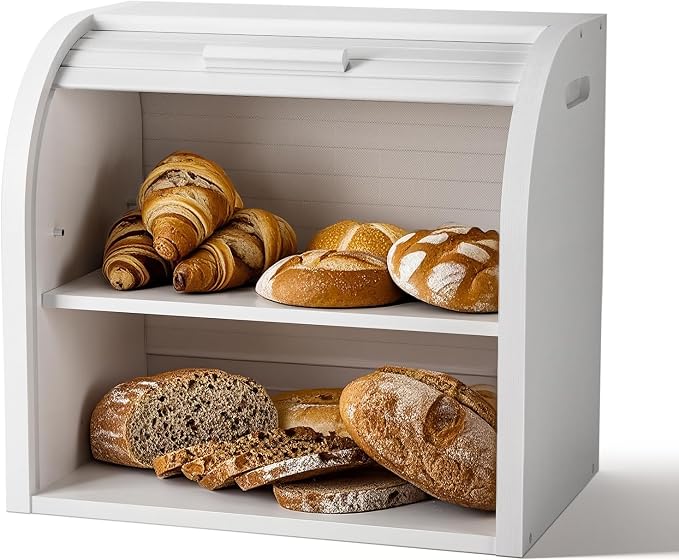 G.a HOMEFAVOR 2-Tier Bamboo Bread Box for Kitchen Counter, White | Large Roll Top Bread Storage Container, Bread Holder Food Bin for Countertop, Self-Assembly by GaHOMEFAVOR