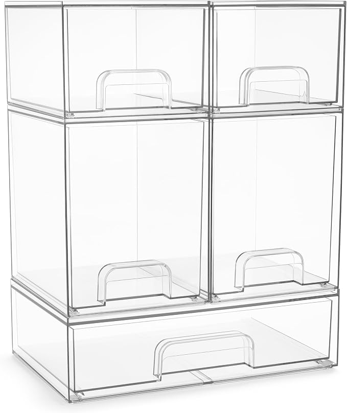 Sorbus Acrylic Storage Containers - 5 Pack, Stackable Storage Bins Set for Bathroom Organization - Clear Acrylic Drawer Organizers - Makeup Case Pull-Out Drawers (7.6’’ and 4.4’’ Tall and 12.1’’ Wide) by Sorbus