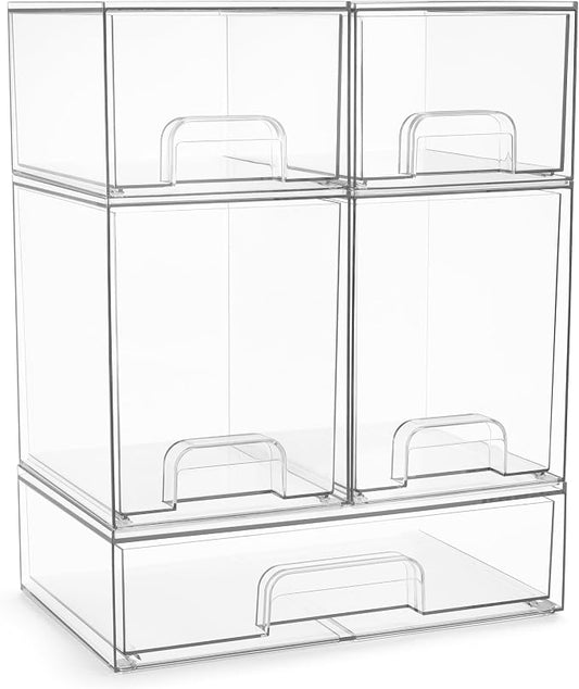 Sorbus Acrylic Storage Containers - 5 Pack, Stackable Storage Bins Set for Bathroom Organization - Clear Acrylic Drawer Organizers - Makeup Case Pull-Out Drawers (7.6’’ and 4.4’’ Tall and 12.1’’ Wide) by Sorbus