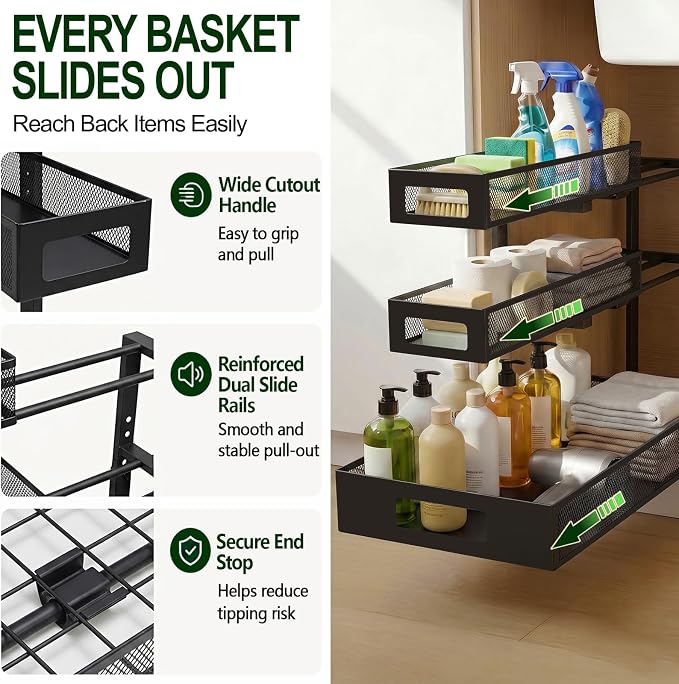 3 Tier Under Sink Organizer,1 Pack Pull Out Cabinet Shelves with Adjustable Height,Heavy Duty Carbon Steel L-Shaped Storage for Kitchen Bathroom Sink,Pantry & Laundry,Black - Image 4