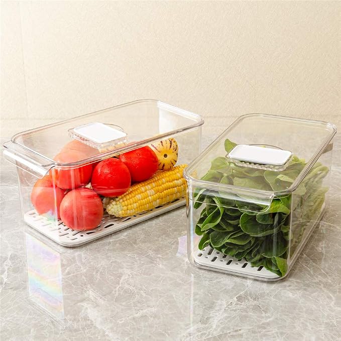SANNO Produce Saver Refrigerator Organizer Bins with Lids And Removable Drain Tray Food Storage Container Fridge Stackable Freezer Bins For Kitchen Produce Fruit Vegetable (Set of 2) - Image 7