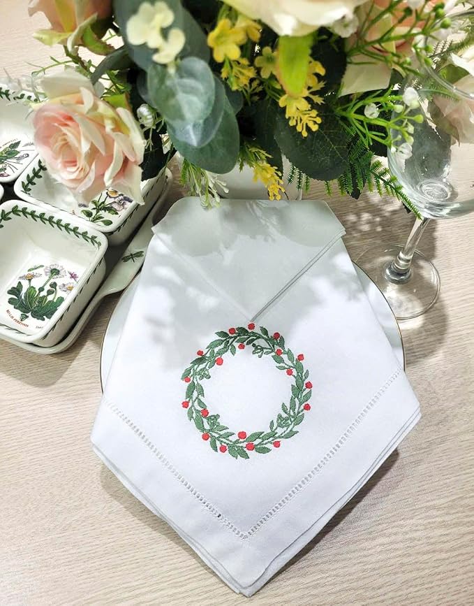 Embroidered Cotton Napkins Christmas 20x20 (Holly Wreath Christmas) - Image 4