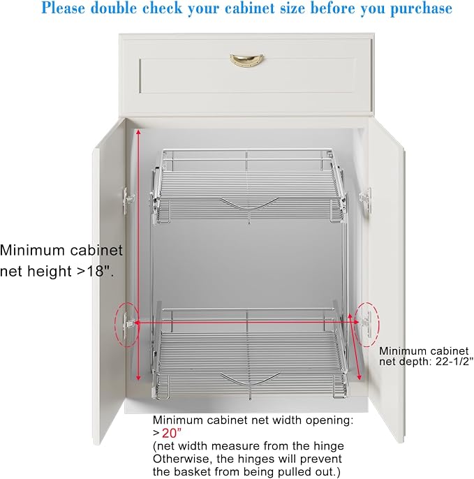 DINDON 2 Tier Pull Out Cabinet Organizer (20" W X 21" D), Double Tier Wire Basket Slide Out Shelf Storage for Kitchen Base Cabinet Organization ​for Kitchen, Pantry, Bathroom, Chrome - Image 4