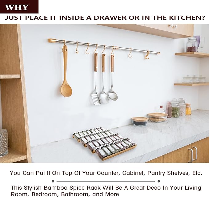 Bamboo Spice Rack Drawer Organizer - 8 Pieces Set- 7" Wide Per Piece - Combine Pieces Into 14" Wide Rack (7" or 14") - Image 6