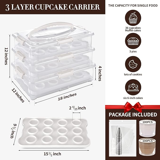 ARC 3-tiers White Cupcake Carrier, Holds up to 36 Cupcakes or 3 Large Cakes | Cupcake Holder and Cake Transport Container- BPA-Free, Great for Parties & Festivals - Image 2