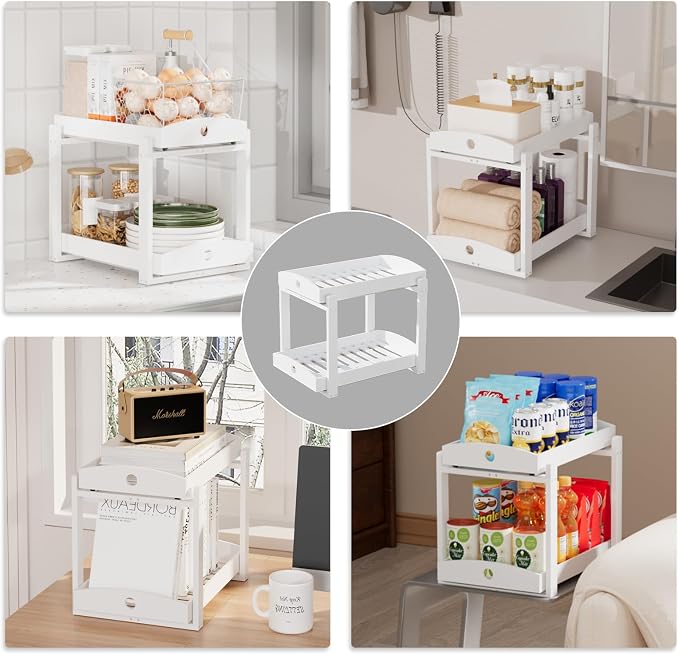 2 Pack Bamboo Under Sink Organizer, 2-Tier Sliding Drawers for Cabinets | Pull-out drawers keep cleaners and tall bottles visible, organized and easy to reach in kitchen or bathroom cabinets - Image 6