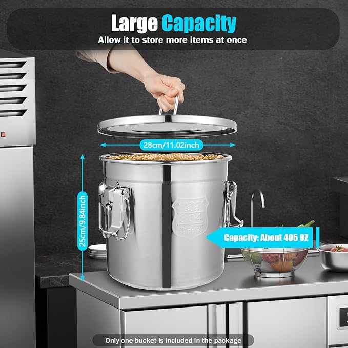 DYNAMI 304 Stainless Steel Airtight Canister for Kitchen, 3.2Gal/405oz Flour Container with Lid and Locking Clamp,10-21Lbs Metal Bucket Food Storage Container for Rice, Flour, Grain, Coffee Bean(12L) - Image 6