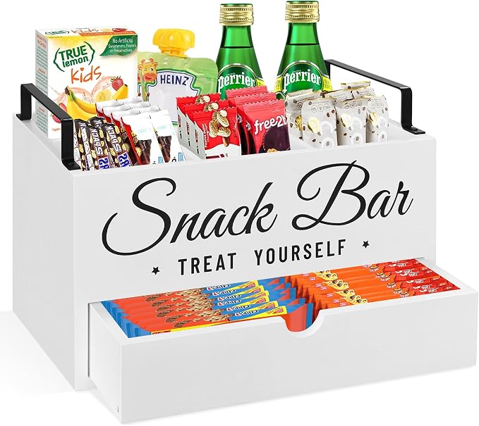 Snack Organizer for Countertop, Wood Pantry Storage Bins with Handles, Snack Organizer for Pantry, Kitchen, 4 Compartment Food Container Snack Box with Drawer, Pantry Organizer for Snacks, Chips by Unistyle