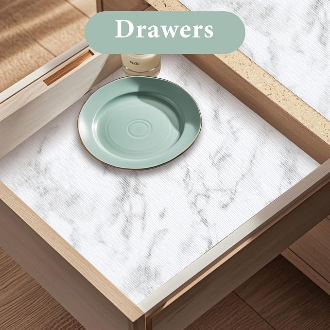 2-Layer Drawer and Shelf Liner for Kitchen Cabinet: 23.6in X 40Ft Non Slip | Waterproof Shelf Paper Non Adhesive Refrigerator Liners White Marble Easy Liners for Bathroom with Knife Tape Measure - Image 3