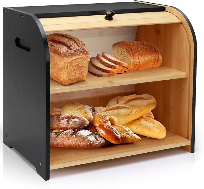 Bread Box for Kitchen Countertop, Two Layer Roll Top Bread Holder | 3 Adjustable Height, Large Capacity, Bamboo Bread Storage Container for Homemade Bread,Breadbox Organizer for Kitchen Counter by Thalomely