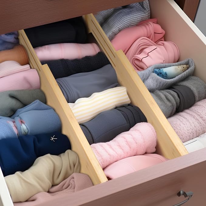 Fabsome Dresser Drawer Organizers 6 Pack, 4.65'' High Adjustable from 12.5-17‘’ Bamboo Drawer Dividers for Clothing Baby Clothes, Wooden Separators for Dresser Nursery Organization with Soft Foam Ends - Image 2