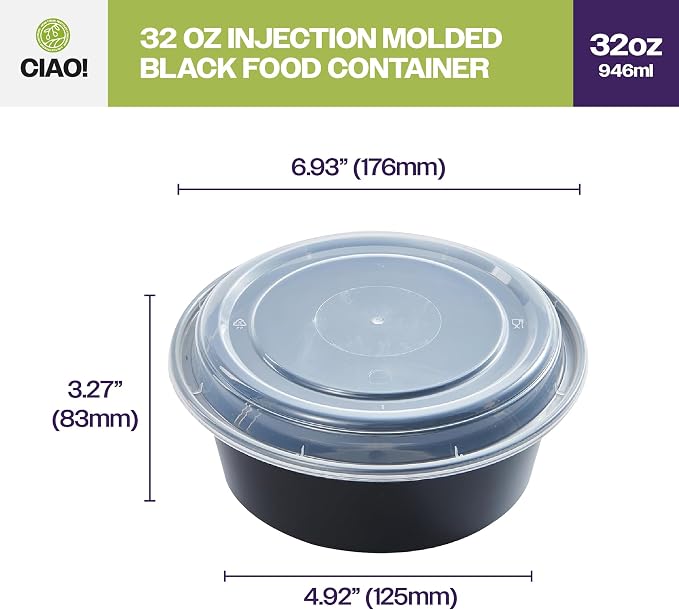 CIAO! Heavy Weight 32oz Injection Molded Microwavable Black Round Food Container with Lid (150/case) - Image 4