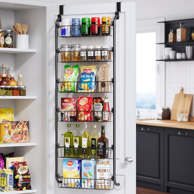 Delamu Over the Door Pantry Organizer, 6-Tier Metal Pantry Door Organization and Storage, Hanging Kitchen Basket Spice Rack Seasoning Shelves, Cabinet Door Organizer for Easy Install,D5xW18xH50inch by DELAMU