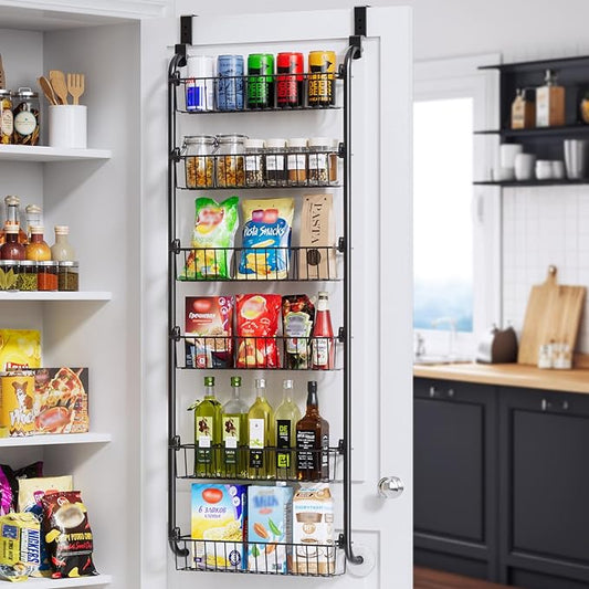 Delamu Over the Door Pantry Organizer, 6-Tier Metal Pantry Door Organization and Storage, Hanging Kitchen Basket Spice Rack Seasoning Shelves, Cabinet Door Organizer for Easy Install,D5xW18xH50inch by DELAMU