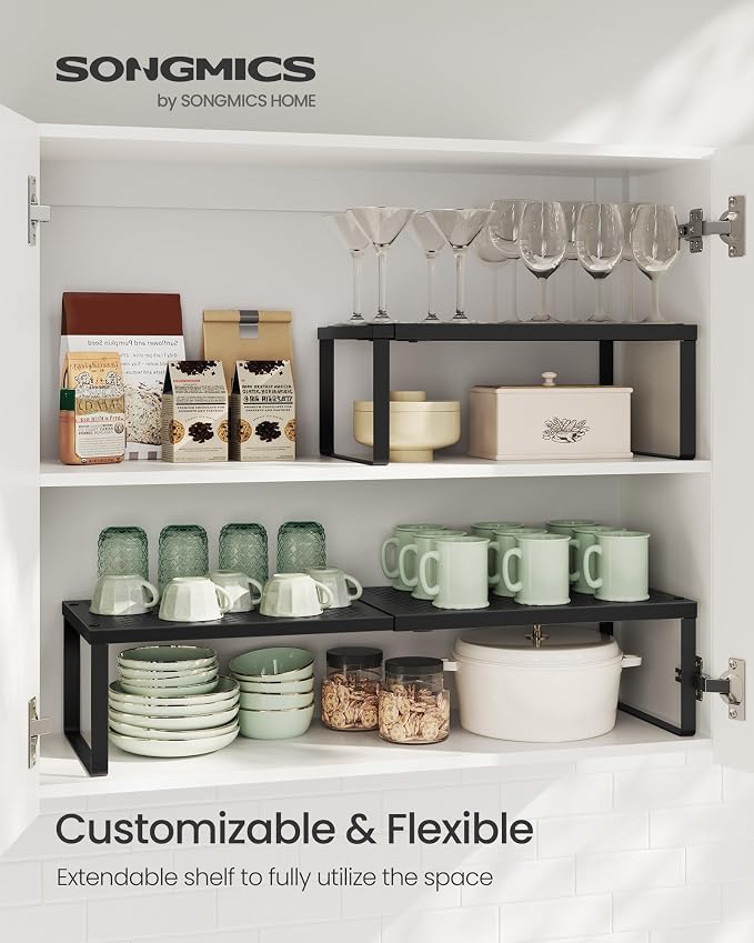 SONGMICS Spice Racks Expandable Kitchen Countertop Shelves, Metal | Set of 2 small cupboard organizers, space-saving tabletop shelves, Matte Black, UKCS402B01 - Image 2