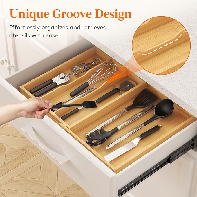 Lifewit Utensil Organizer for Kitchen Drawer, Expandable Cooking Utensil Tray, Cutlery Silverware Flatware Holder, Wood Adjustable Spatula Tools Storage Divider, 30-55 x 40cm, Natural - Image 6