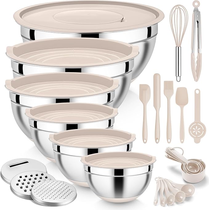 E-far 25PCS Mixing Bowls with Lid Set, Stainless Steel Nesting Prep Bowls with Grater Attachments Non-Slip Bottoms for Cooking, Serving, Food Storage, 4.6/2.6/2/1.5/1/0.7QT - Khaki by E-far