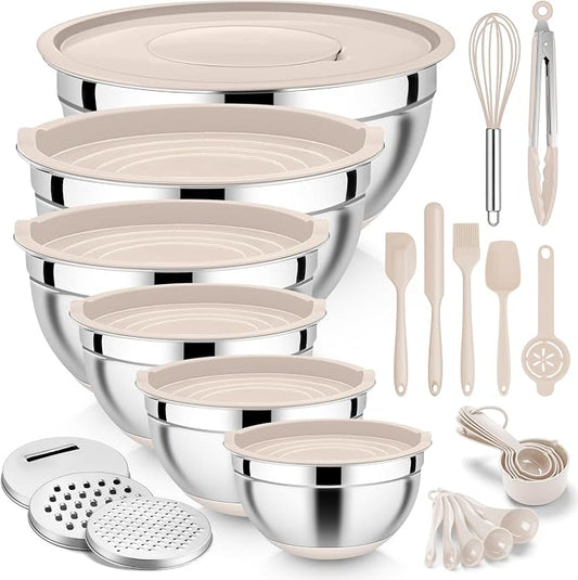 E-far 25PCS Mixing Bowls with Lid Set, Stainless Steel Nesting Prep Bowls with Grater Attachments Non-Slip Bottoms for Cooking, Serving, Food Storage, 4.6/2.6/2/1.5/1/0.7QT - Khaki by E-far