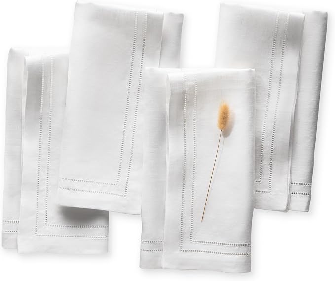 White Linen Napkins 20 x 20 inch - 100% Flax Linen Double Hemstitch Dinner Napkins Set of 4 - Cloth Napkin Washable Perfect for Father's Day, Summer, 4th of July and Wedding Decor by OlucioAuthentiqueHome