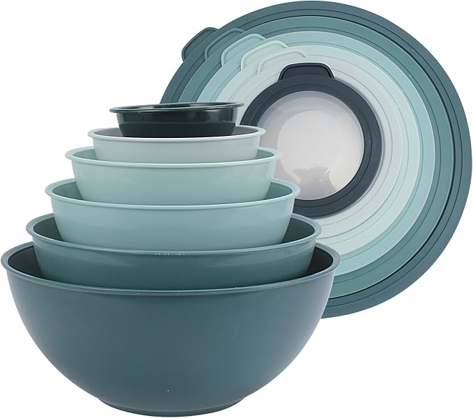 COOK WITH COLOR Mixing Bowls with TPR Lids - 12 Piece Plastic Nesting Bowls Set includes 6 Prep Bowls and 6 Lids, Microwave Safe Mixing Bowl Set (Teal) by CookwithColor