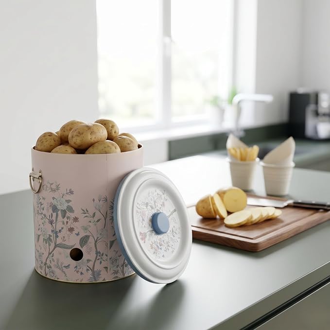 MARIA ROMA Metal Potato and Onion Storage Bin Set of 3 with Garlic Keeper - Vintage Metal Kitchen Canisters, Vegetable Storage Containers - Farmhouse Rustic Pantry Organization - Image 6