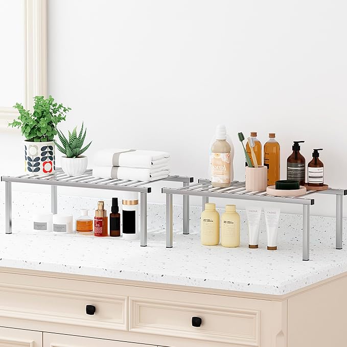 STORAGE MANIAC Expandable Cabinet Organizer Shelf, Set of 4, Gray | 15.8 inches Expandable, Stackable Wire Shelf, Spice Rack, Metal Pantry Storage for Plate Dish, Kitchen Counter Shelves - Image 5