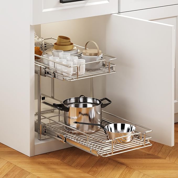 2 Tier Individual Pull Out Cabinet Organizer 13½" W x 18" D, Heavy Duty Cabinet Pull Out Shelves, Slide Out Drawers Organization for Kitchen Cabinets Bathroom - Image 5