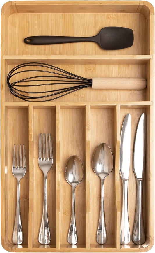 Silverware & Utensil Organizer, Fixed 10.5 in, Bamboo | Cutlery, flatware holder, rounded corners, 7 compartments, non-slip feet, kitchen drawers by KitchenEdge